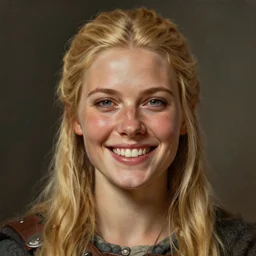 an portrait of an happy female viking, blonde hair, lip scar, freckles, detailed, centered, digital painting, artstation, concept art, donato giancola, Joseph Christian Leyendecker, WLOP, Boris Vallejo, Breathtaking, 8k resolution, extremely detailed, beautiful, establishing shot, artistic, hyperrealistic, beautiful face, octane render