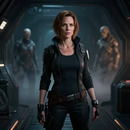 photorealistic wide shot focus portrait of cyberpunk Sigourney Weaver, in spaceship, darkness, dark room, bokeh, inspired by Ridley Scott, Giger, , octane render, unreal engine 4k, volumetric lighting, mist, twilight, detailed