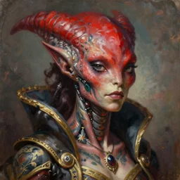 painted close - up portrait of a red - skinned attractive alien - cyborg girl tattooed. oil painting, wearing a noblewoman's outfit, fantasy art by greg rutkowski and john singer sargent and gaston bussiere and greg rutkowski, demon noble character design, hd