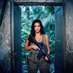 film still of kim kardashian, jungle, vietnam door gunner, apocalypse now, associated press, 2 6 mm, kodak ektachrome, blue tint expired film.