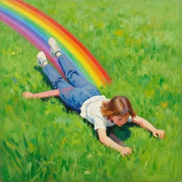 a girl sliding down a rainbow on the lawn. painting by j. g. quintel.