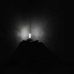 nighttime, a very dark empty room at night lit only by candlelight, black and white, grungy