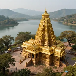 an ancient scifi hindu temple made of gold in serene environment alongside a beautiful lake, art deco, oak trees, mountainous background, distant, high angle, wide angle, global illumination, trending on artstation, octane render, cgsociety, surrealist, cinematic, unreal engine 5