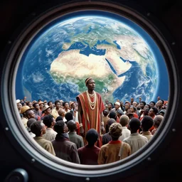 analogue photo of an African tribal man Djing to a crowd on a spaceship, view of planet earth in porthole window, wide angle, photography by Martha Cooper