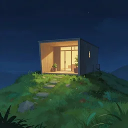 modern building entrance on top of a grass mountain at night, artstation, game background, by Jean-Honoré Fragonard