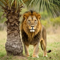 An overweight lion tries to hide behind a palm tree