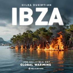 a poster for a holiday in ibiza, the island is partially flooded due to global warming, a forest is burning, realistic, dystopian