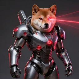 wearing power armor, scifi, cyborg parts, anthropomorphic shiba inu, laser vision, masterpiece, glowing red neon light, by alex grey, realistic face