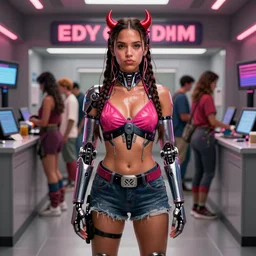 jj abrams movie still full body portrait of young woman jessica alba as an edc rave devil girl cyborg in line at the dmv, octane render, anime, trending on artstation, unreal engine, volumetric lighting, concept art, sci - fi, photoreal, sweating, pouty face, looking at camera, symmetrical,