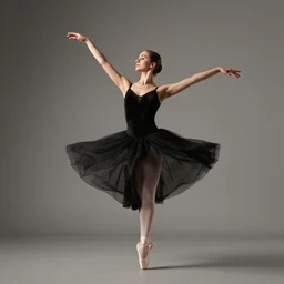 a beautiful photography of a ballerina black dress passe en releve with outstretched arms holding uzis