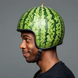 side portrait of a goofy looking black guy with a melon helmet that covers only the top of his head by greg rutkowski