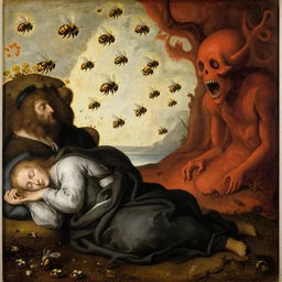 a swarm of bumblebees attacking + + sleeping people in hell + +, art by bosch, highly detailed, masterpiece