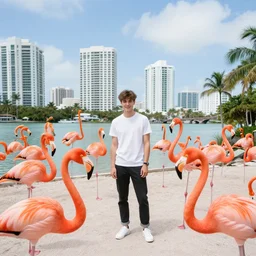 young devin sawa surrounded by flamingos, miami, florida, 3 5 mm, f / 2. 8, wide angle
