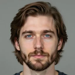 a realistic portrait of a 30 year old male with blue eyes, brown medium length hair, bushy eyebrows and short beard. 85mm portrait.