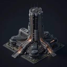 sci-fi building. isometric view, concept art, Unreal Engine, ultra detail, 8K, 3D, Greg Rutkowski, in night