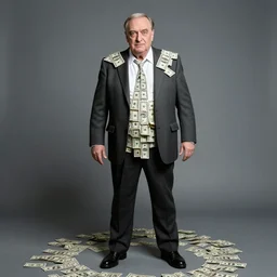 George Soros full body shot, dollar bills Body horror, biopunk, photorealistic