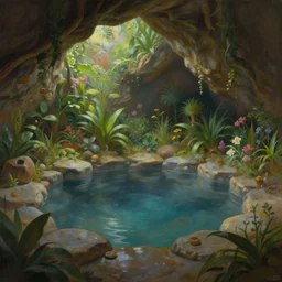 painting of an interior of a hidden hotspring in a cave, fantasy, lush plants and flowers, natural light, concept art, by greg rutkowski and craig mullins, cozy atmospheric and cinematic lighting, trending on artstation
