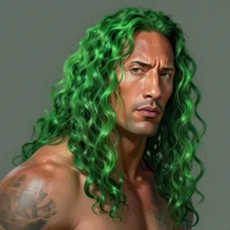 portrait of dwayne johnson, long extremely curly green hair, expressive pose, futuristic, highly detailed, digital painting, artstation, concept art, smooth, sharp focus