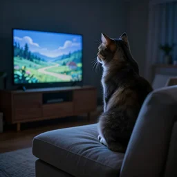 cat sitting on sofa watching TV in night, digital art