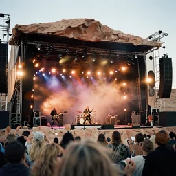 photograph led zeppelin performing in a rocky stage in the atacama desert by mark owen. kodak portra film!!. whirl bokeh!. mamiya 7. highly detailed. hq. photoreal. golden hour. in - frame