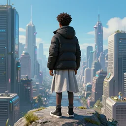 young 🧔🏿 wearing a thin lightgray do rag and a black winter puffer jacket and hightop sneakers, facing the desperate and endless call of the metaverse, futuristic urban cityscape, clear weather, unreal 5 engine render, vivid colors, high detail, studio ghibli, digital art, octane render, epic composition, trending artstation, award - winning photograph, masterpiece
