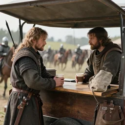 cinematic mid shot of medieval warriors on a battlefield getting coffee at a coffee wagon