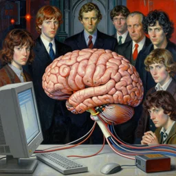 realistic detailed image of a human brain connected with wires and cords to a computer from 9 0 s, ayami kojima, amano, karol bak, greg hildebrandt, mark brooks, neo - gothic, rich colors. beksinski painting, david cronenberg, adrian ghenie, gerhard richter, takato yamamoto. masterpiece. realistic detailed image