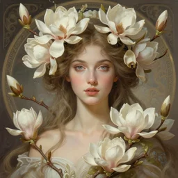 portrait of a goddess of magnolia! covered in flowers!, half body, perfect face!!, d & d, fantasy, intricate, elegant, highly detailed, digital painting, artstation, concept art, smooth, sharp focus, illustration, art by artgerm and greg rutkowski and alphonse mucha