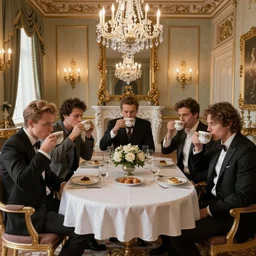 Band members of Smashmouth drinking tea in the royal palace dining room. By Konstantin Razumov, highly detailed