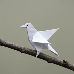 a white cast origami bird in branch