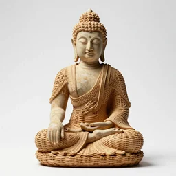 wicker stone buddha statue, studio product photography, isolated on a pure white background, centered, entire object in frame, sharp focus, soft studio lighting