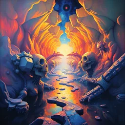 into the mirrorverse, biomechanical, volumetric lighting, volumetric shadows, vibrant psychedelic colors, realistic oil painting by gustave dore, - h 6 4 0,