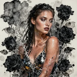 fierce wet fashion model, splash, sweat skin, liquid metal, effervescent, black roses, poster art, high detail, intricate oil painting and watercolor, deep mood, hyperrealism, 3 d, in the style of irakli nadar,