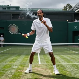 Snoop Dogg playing tennis in Wimbledon finals while smoking a blunt.