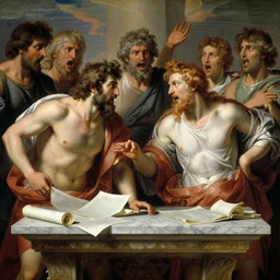 zeus and the god jupiter argue over the fate of mankind, marble table with scrolls and papers between them, the other gods watch in horror, painting by gaston bussiere, craig mullins, j. c. leyendecker