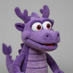 silly purple dragon puppet with bloodshot eyes