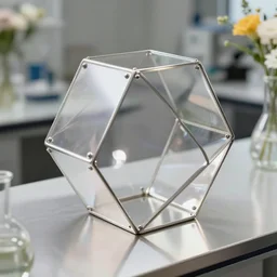 flower shop by science labotory made of stainless steel and translucent, euclidean geometry shape