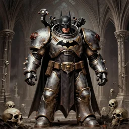 batman as warhammer 4 0, 0 0 0 4 0 k emperor armor realistic anthropomorphic dreadnaught scifi cyberpunk, gothic, horror, arches, skulls, colonial marine, gundam armor, visible face and full body portrait art by donato giancola and greg rutkowski, vintage retro scifi, realistic face, digital art, trending on artstation, symmetry syd mead, vincent di fate, michael whelan, john berkey
