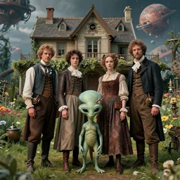 detailed, sharp, a human family of four standing with their cute pet humanoid alien creature, wearing 1850s era clothes, in the garden of a house on an strange alien planet, steampunk, extremely highly detailed, hyperrealistic, highly detailed faces, 70 mm still from a period sci fi movie, 4k