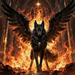 A epic and beautiful rococo painting of a angelic black werewolf inside a burning cathedral. Castlevania style. ultra-detailed. Anime, pixiv, UHD 8K CryEngine, octane render