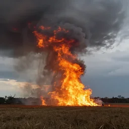 A tornado made of fire in a field under a cloudy sky, realistic, dramatic lighting