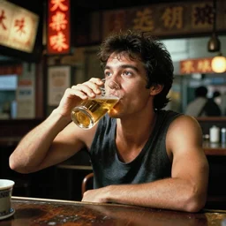 Big trouble in little China, Jack Burton (no facial hair) drinking beer, Chinatown bar, amazing shot, colorized, 1987