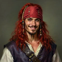 portrait of a young ruggedly handsome but joyful pirate, male, masculine, upper body, red hair, long hair, d & d, fantasy, smirk, intricate, elegant, highly detailed, digital painting, artstation, concept art, matte, sharp focus, illustration, art by artgerm and greg rutkowski and alphonse mucha