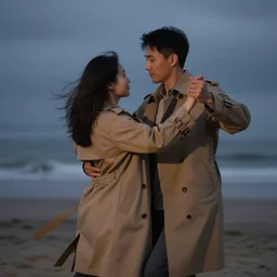 zoom in photo of a man and woman, both wearing light brown trenchcoats, dancing together on a beach during cloudy weather, it ’ s night time