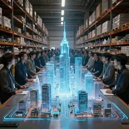 large group people in a huge warehouse, looking at hologram of futuristic city on a table | cinematic concept art | godrays | 4 k | clear details | tabletop | tabletop skyscrapers | hologram foreground