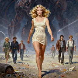 a mixed media painting of one very beautiful blonde woman fleeing from a distant colossal creature on a faraway planet, elegant, aesthetic!!! symmetrical face and eyes, piercing gaze, sixties pinup, photorealistic, curvy, model, epic sci - fi character art, full length, clothes, tasteful, safe for work, by frank frazetta, donato giancola, boris vallejo, beeple, greg rutkowski, christian macnevin, high fantasy, prometheus, cgsociety, exquisite detail, post - processing, masterpiece, cinematic
