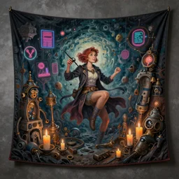 a beautiful painting of a tapestry of a dream, ultra detailed, dark, steampunk, moody, candles, neon signs, infographic, characters from machinarium, by don bluth, trending on artstation, octane render