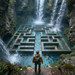 an explorer at the beginning of a stylized maze made of wate, deep underground waterfalls, first person perspective, beautiful matte painting, ultra detailed, 8 k render