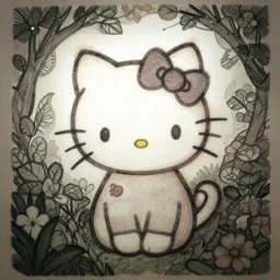 kitty in a garden. serigraphy by award - winning mangaka, backlighting, intricate details, muted palette, depth of field.