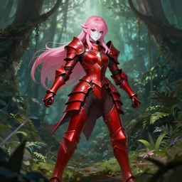 full body portrait of beautiful fairy knight in the jungle, pink hair, white skin, red eyes, heavy red armor, badass, fight, high fantasy, dnd, highly detailed, smooth, sharp focus, digital illustration, by wlop, sakimichan, rossdraws, card art